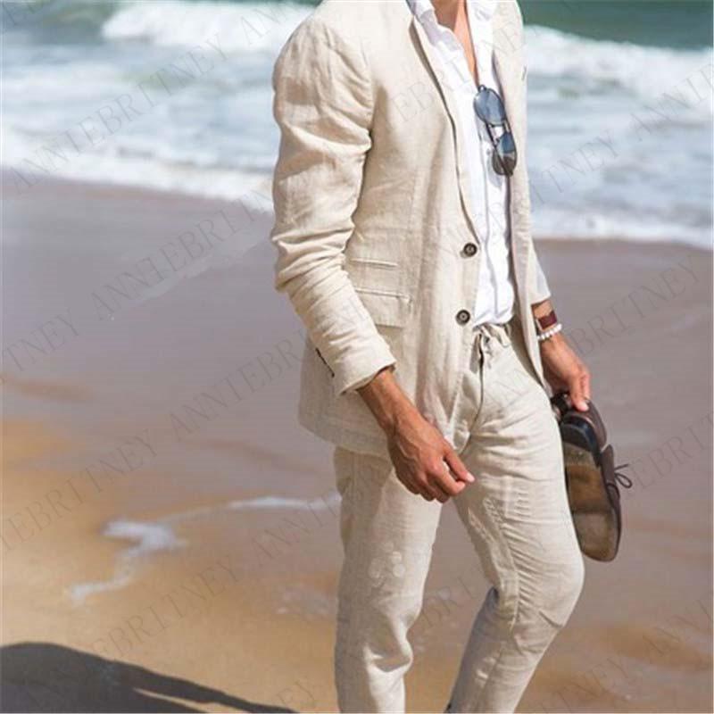 

Men's Suits & Blazers 2021 Classic Summer Suit Beige Beach Linen Wedding For Men Groom Tuxedo 2 Pieces Casual Mens Jacket Pants Set, Vest and pants
