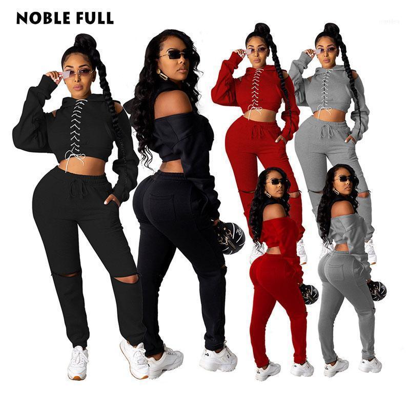 

Women's Tracksuits Sports Two Piece Set For Women Hoodie Corn Cross Bandage Long Sleeve Tops Sexy Hole Pencil Pants Tracksuit Matching Sets1, Red