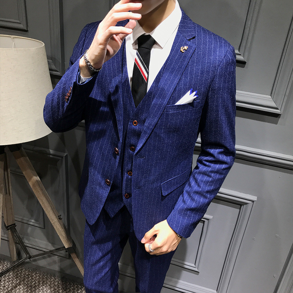 

Male Striped Pieces Large Size 2021 Spring Autumn British Style Gentleman Business Banquet Suit Set for Men D8l4, Black