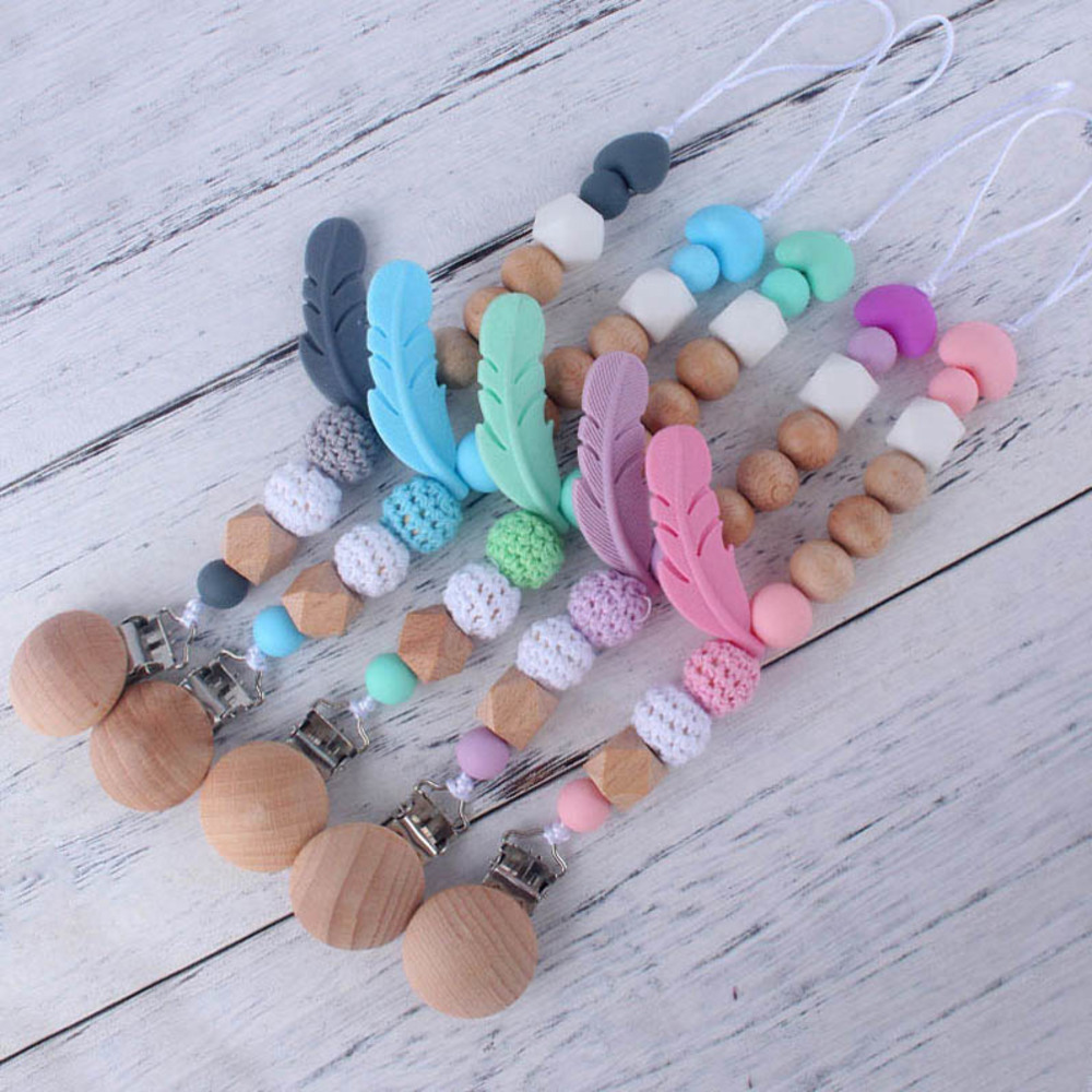 

Clips Feather Silicone Pacifier Teething Beads Free Silicone Dummy Clip Pacifier Holder Baby Teether Pendant Soothie Clips