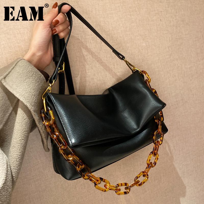 

[EAM] Women New Retro Acrylic Chains PU Leather Flap Personality All-match Crossbody Shoulder Bag Fashion Tide 2021 18A1504, Black