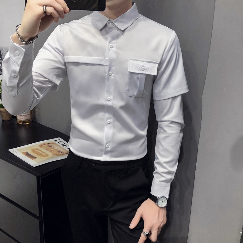 

New 5xl-s Primavera Novo 2021 Fake-2pieces Camisa De Manga Comprida Roupas Masculinas Frente Bolso Decorao Magro Ajuste Casual Vestido Agx4, White