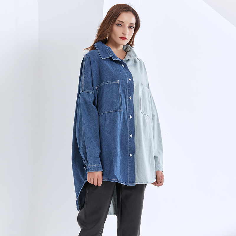 

Denim Casual Shirt Women Long Sleeve Asymmetrical Patchwork Blouse Tops Female 2021 Spring Fashion Clothes Tide, White