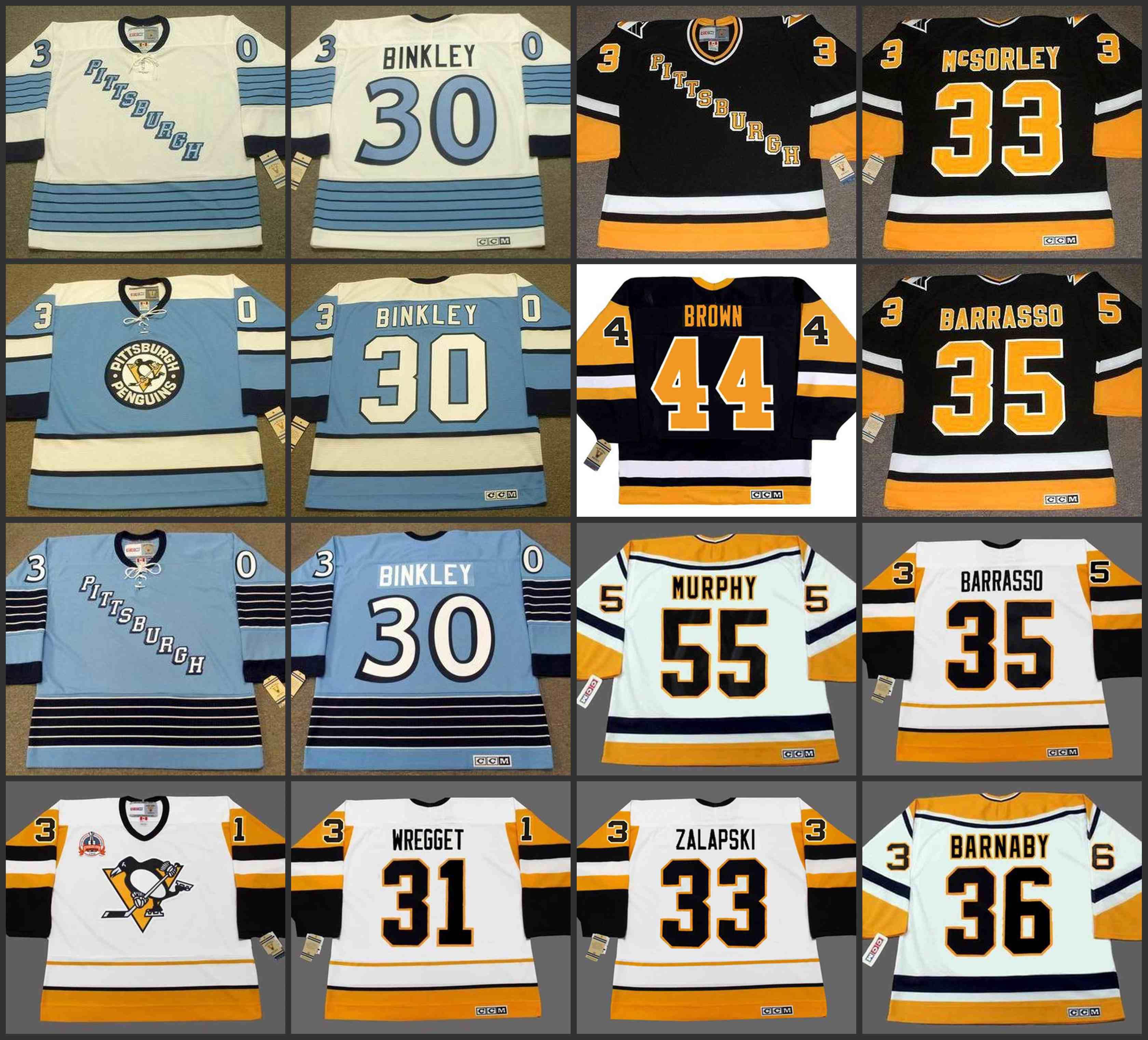 

Pittsburgh Penguins 30 LES BINKLEY 31 KEN WREGGET 33 MARTY McSORLEY 33 ZARLEY ZALAPSKI 35 TOM BARRASSO Vintage Away Hockey Jersey stitched, Black;red