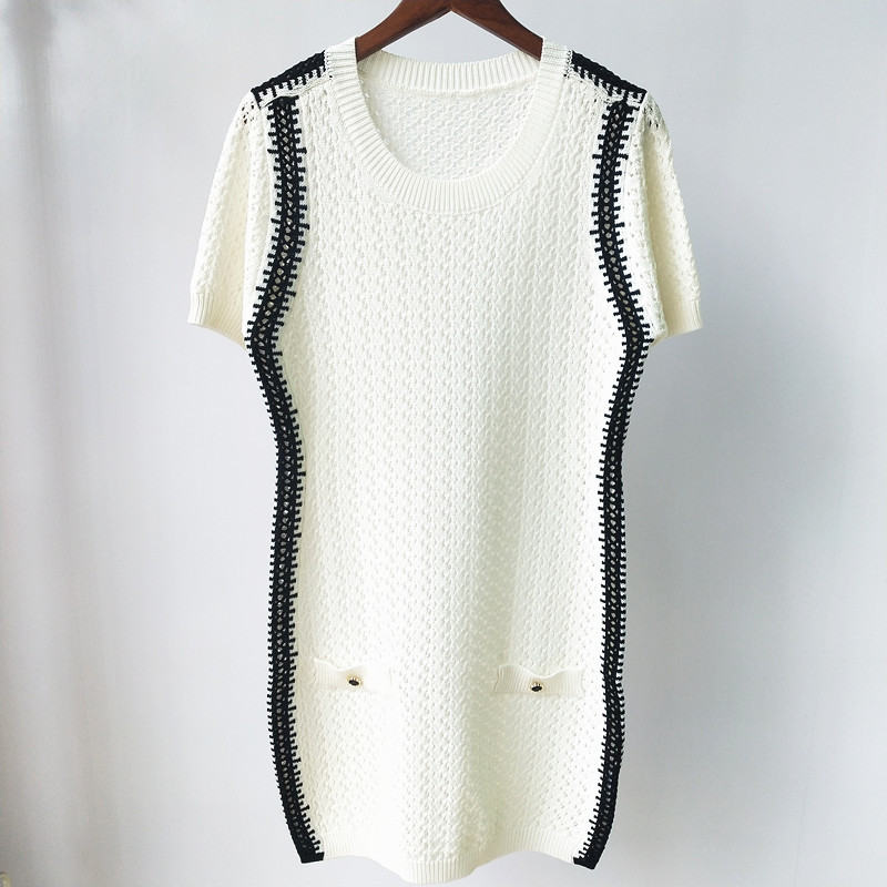59% Off Factory Outlet Store summer contrast cut-out crew neck short sleeve ladies&#039; Knitted Dress-image-710914367