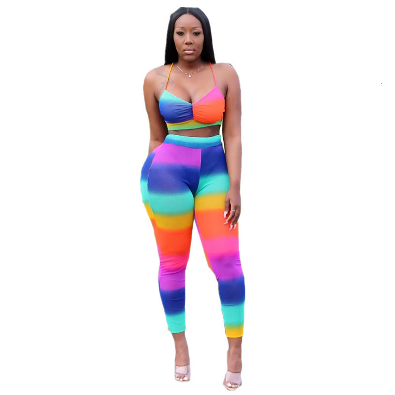 

2021 New Raiow Striped Sexy 2 Set Women Tracksuit Summer Clothing Bodycon Two Piece Crop Top and Pants Matching Sets Outfits R7pd, Multi