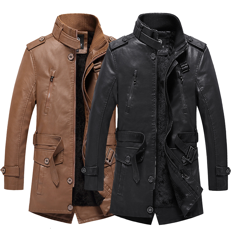 

2021 New British Fashion Winter Jacket Stand Collar Thick Veet Long Trench Coats Men Warm Pu Leather Biker Jackets Hombre 3j1g, Khaki