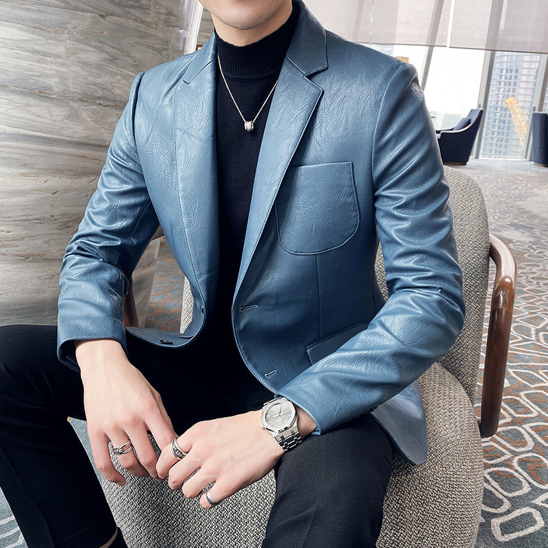 

2021 Veste Homme Winter New Blue Solid Color Slim Fit Leather Suit Terno Masculino Stylish Blazers for Men Chaqueta Black 90z6