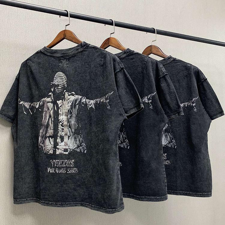 

Mens Designer T Shirt KANYE WEST Loose YE Vintage Washed Distressed T-shirt Hip Hop Retro High Street Short Sleeve Top Casual Fashion, Black