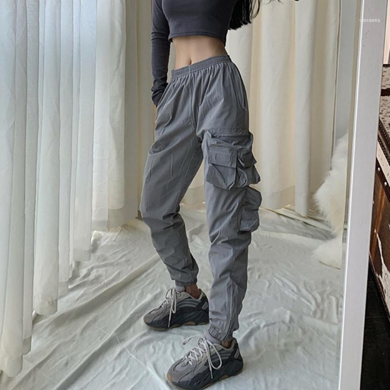 

Women's Pants & Capris Elastic Waist Women Cargo Hip-hop High Pocket Fashion Casual Overalls Woman Trousers1, Black;white