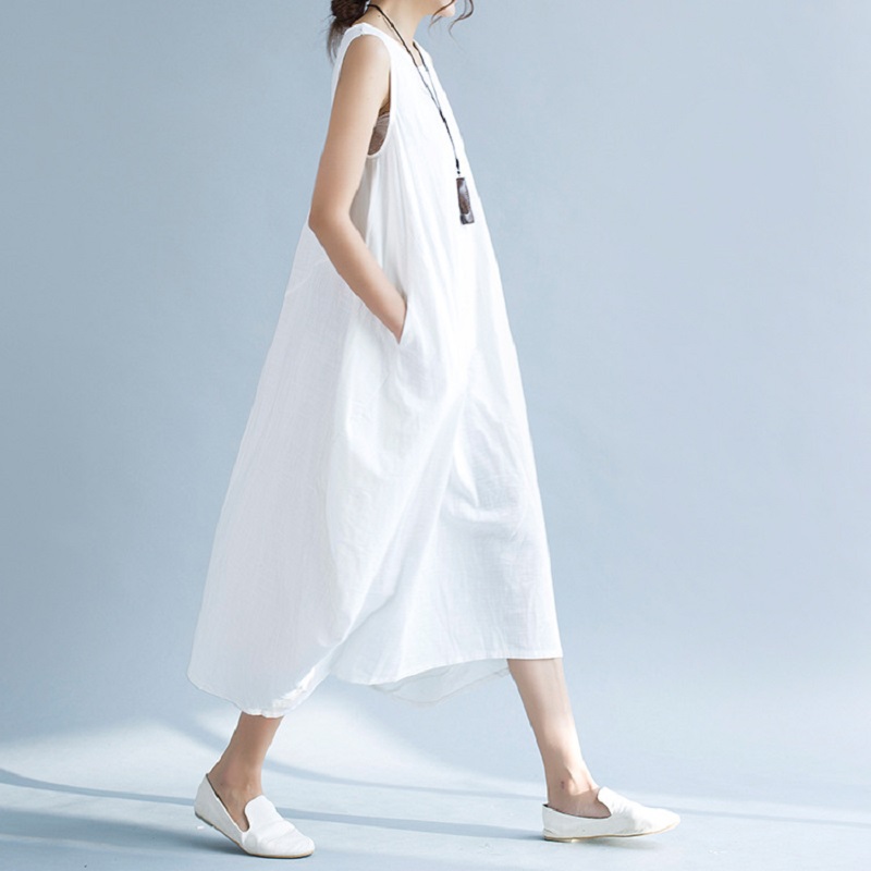 

2021 women linen dresses artistic floor length maxi red white long dress with sleeveless skirts clothing
