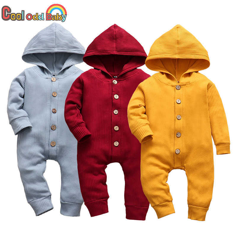 

Autumn born Clothes Cotton Baby Boy Girl Romper Long Sleeve Knitted Ribbed Hooded Jumpsuit Spring Solid Infant Clothing 0-18M 210722, Yellow