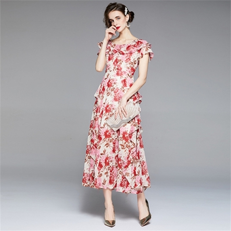 

Runway Hydrangea Floral Fall Dress Women Flower Print Diamond Buttons Pleated Chiffon Dresses 210603, Picture color