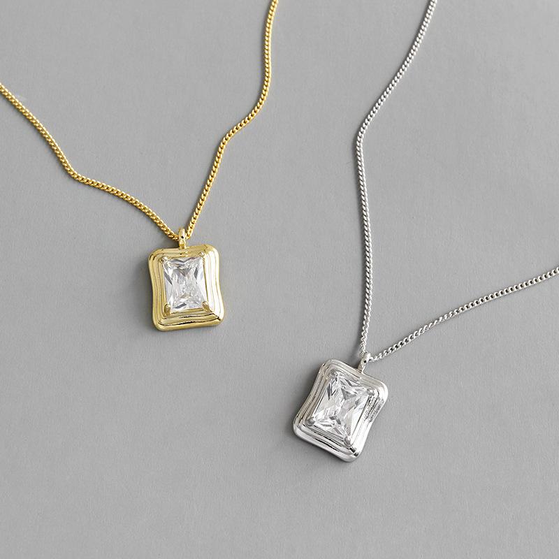 Pendant Necklaces S925 Sterling Silver Necklace INS Simple Geometric Square Zircon Female Temperament Small Crowd Chain Ornament-image-708541615