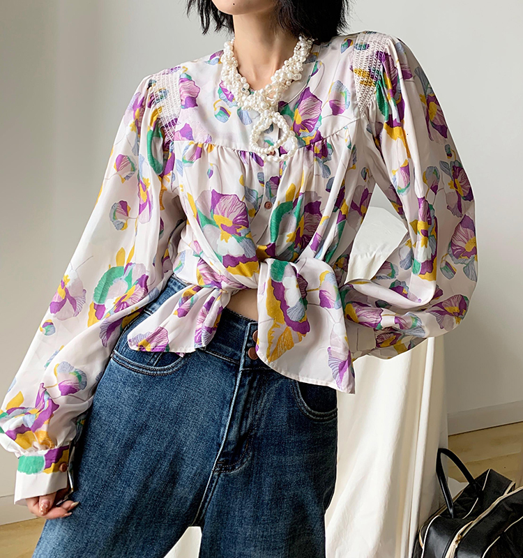 

2021 New Women Silk Blouse O-neck Floral Printed Casual Loose Fashion Female Shirt and Top Zemw, Black