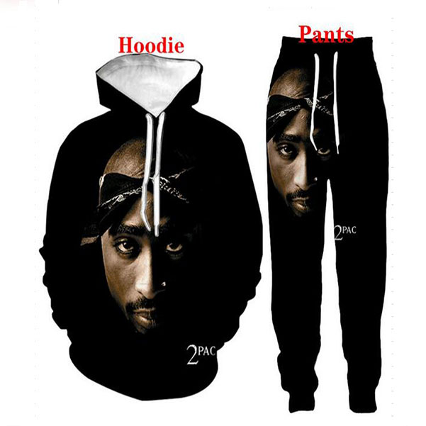 

Wholesale--New Fashion Men/Womens Tupac 2Pac Sweatshirt Joggers Funny 3D Print Unisex Hoodies+Pants k03, Gray