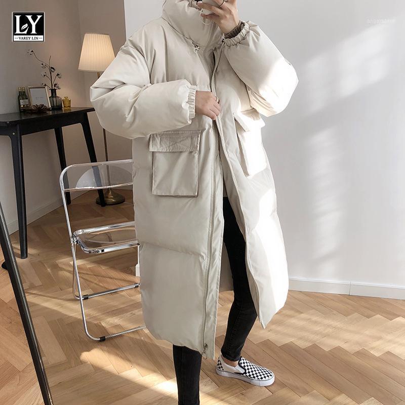 

Women's Down & Parkas LY VAREY LIN Women 2021 Winter Stand Collar Drawstring Pocket Zippers Bubble Jackets Thick Warm Solid Long Streetwear1, Black