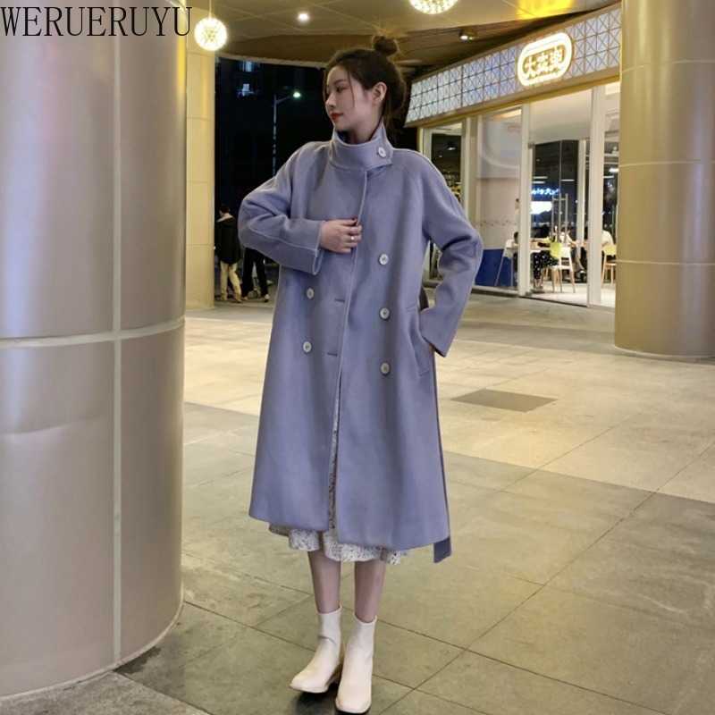 

WERUERUYU Purple Woolen Coat Women's Winter Korean Thickened Cotton British Style Over Knee Cashmere Coat Outwear 210608, Photo color