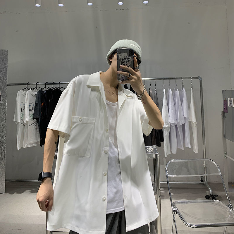 

2021 New Men's Pure Color Short Sleeve Hawaiian Shirt Fashion Loose Casual Camisa Masculina Streetwear French Cuff Silk White Shirts Fg6l, Blue