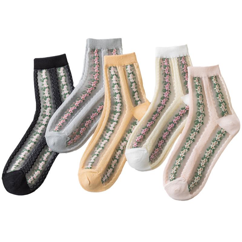 

Socks & Hosiery Fashion Summer Transparent Women Flower Vintage Kawaii Funny Crew Elastic Mori Girl Femme Chaussettes Dropship, Black;white