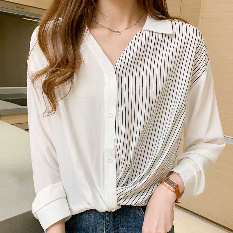 

Long Sleeve Striped White Blouse Women Tops Female Blouse Women Blusas Mujer De Moda V-Neck Chiffon Blouse Shirt Blusa E103 210602