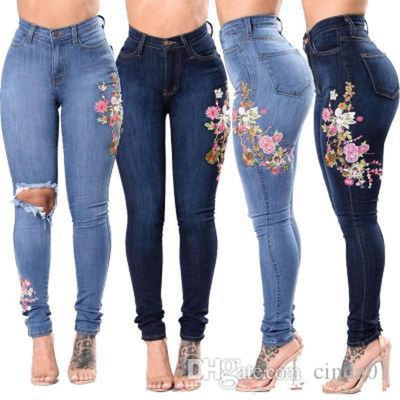 

QNPQYX New Womens Denim Floral Embroidery High Stretch Jeans Big Yard Light Dark Blue Leggings Pants, Light blue