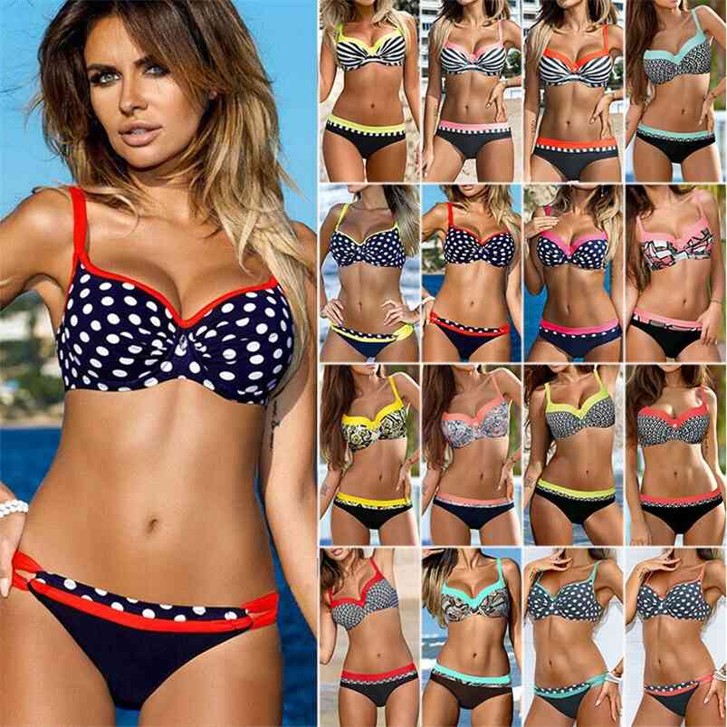

Women Push Up Bikini Set Bra Padded Swimwear Bandage Swimsuit Beach Bathing Suit Summer Sexy Vintage Beachwear 210629, Striped yellow