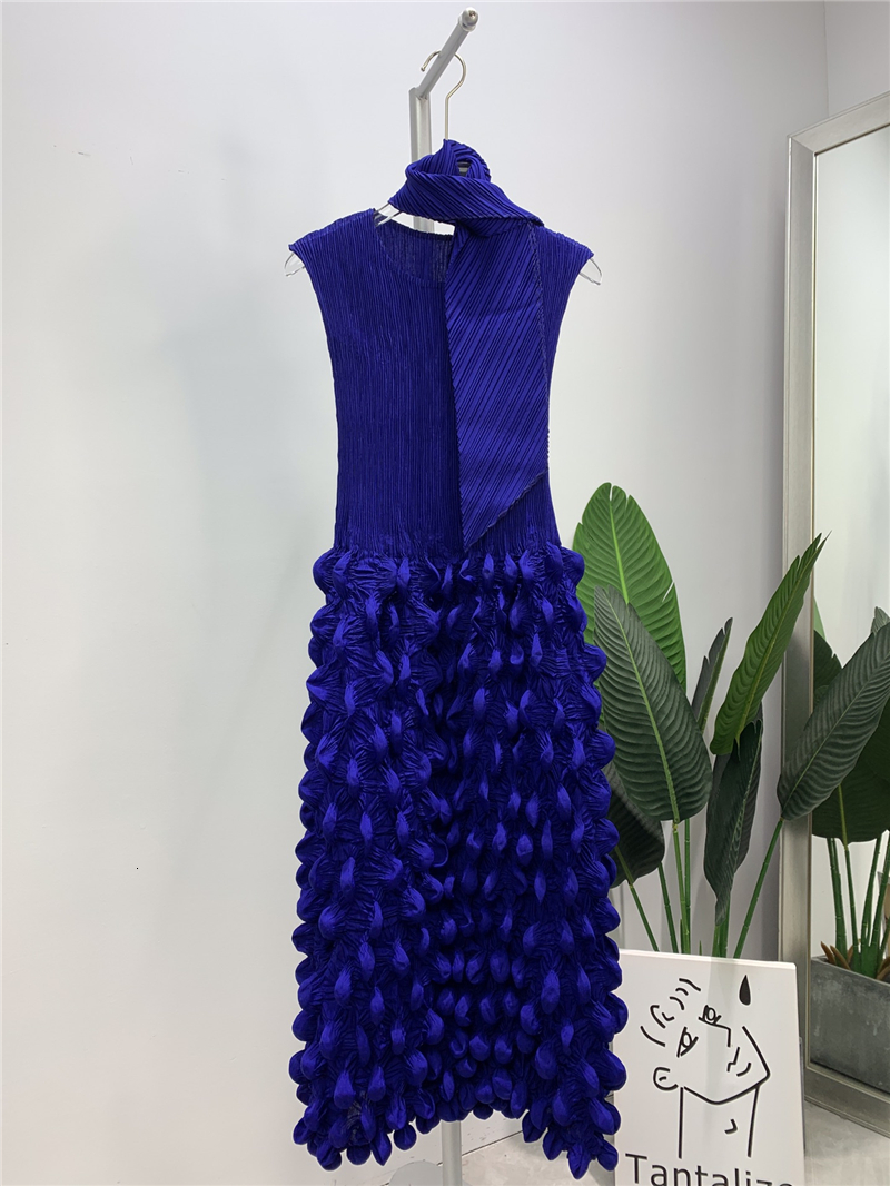 

2021 Summer Sleeveless Flower Bud Pleated New Women High Fashion Long Overall with Scarf Aesthetic Clothes Ot2y, Black