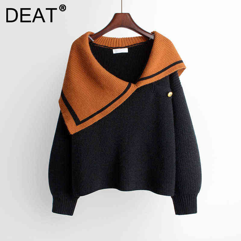 

DEAT Women Knit Sweater Hit Color Striped Irregular Collar Designed Long Sleeve Casual Style 2021 New Autumn Fashion 15JK371 Y1110, White