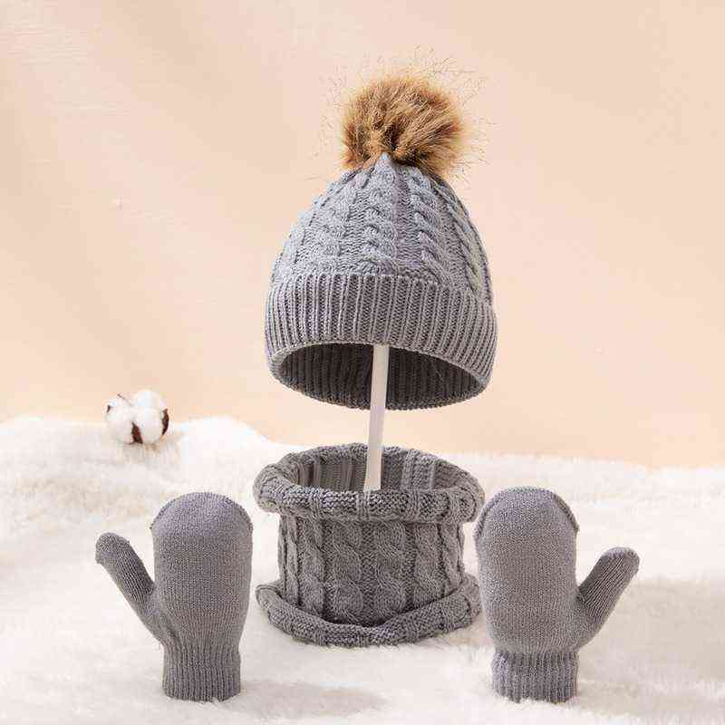 

Cute Hat Scarf Set Beanie Cap Gloves 3pcs Children's Hats Girls Fake Ball Pompon Keep Warm Winter Knitted Skullies Kids Bone