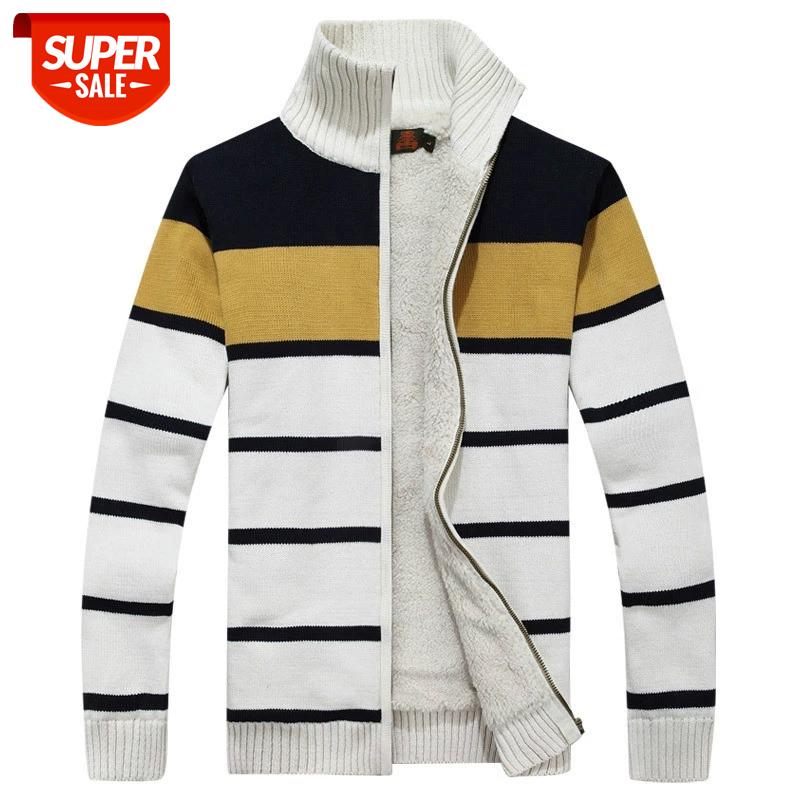 

Striped Men Sweater Autumn Winter Thick Fleece Cardigan Sweater men Stand Collar Casual Slim fit Knitted Sweatercoat #dS6r, White;black
