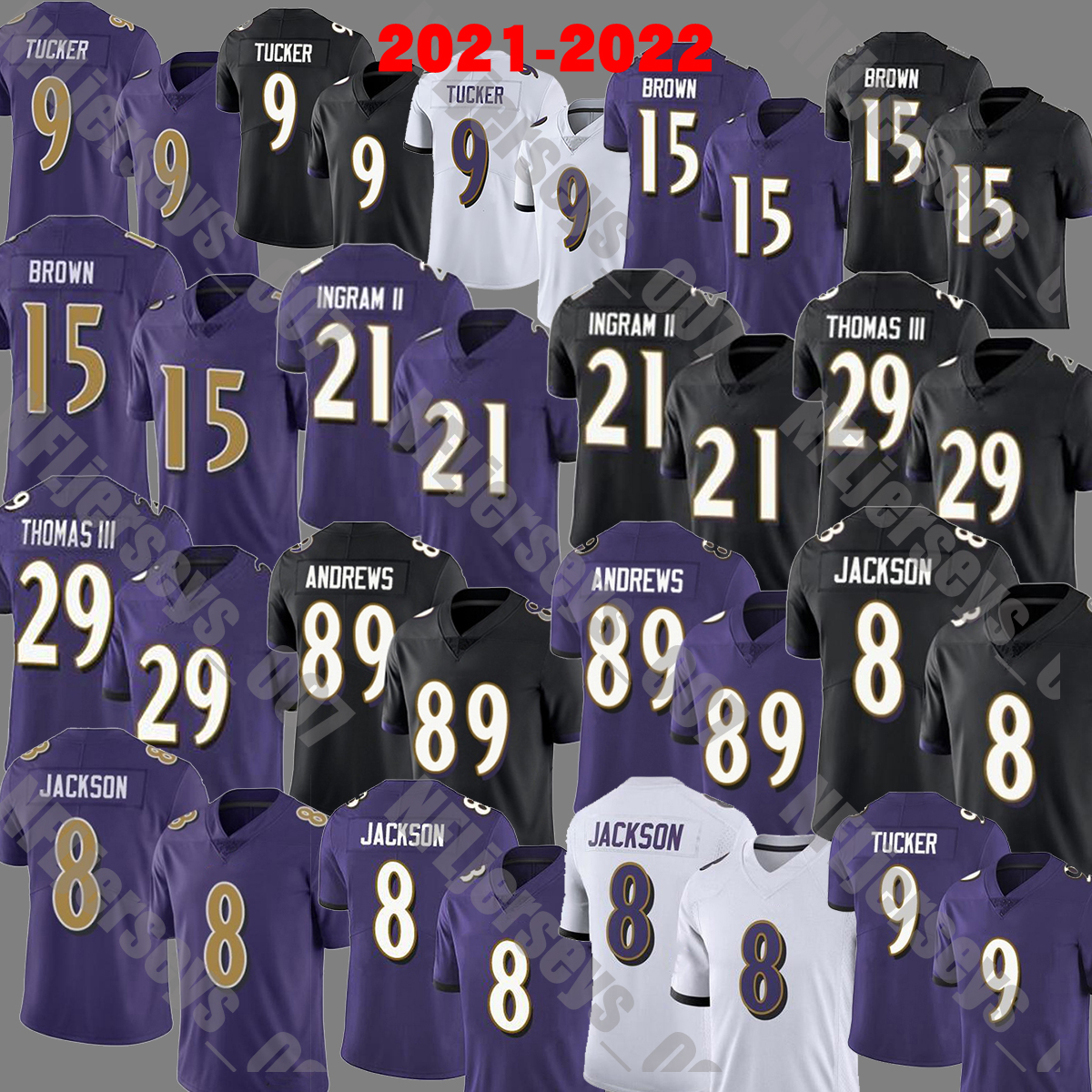 

2021 Football Jersey 8 Jackson 9 Justin Tucker 89 Mark Andrews 15 Marquise Brown 21 Mark Ingram II 29 Earl Thomas III Jerseys, As