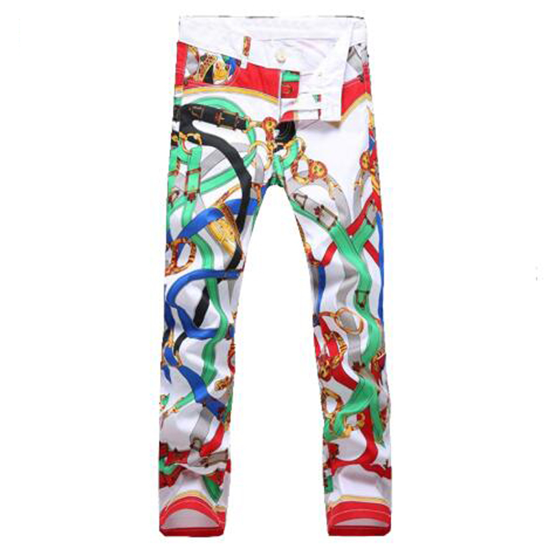 

2021 New Men's Male Stretch Print Slim Jeans Flower European Fashion Casual Personality Trendy Pants Trousers Xb05, Beige