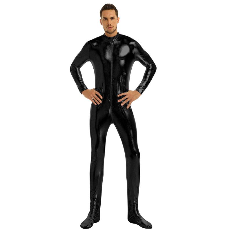 

New Mens One Pieces Bodysuit Shiny Metallic Long Sleeves Closed Toe Stretchy Full Body Pole Dance Leotard Male Sexy Clubwear, Black