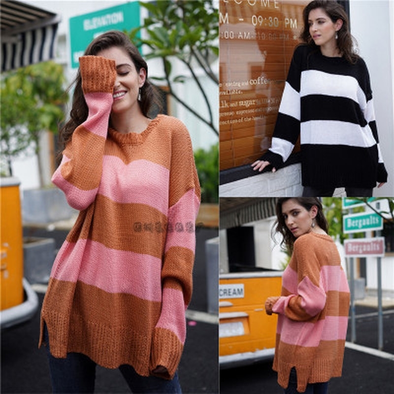 

Striped Black and White Sweater Long Sleeve Knitted Women Pullover s Autumn Winter Fluffy Woman Pullovers 210603, Camel