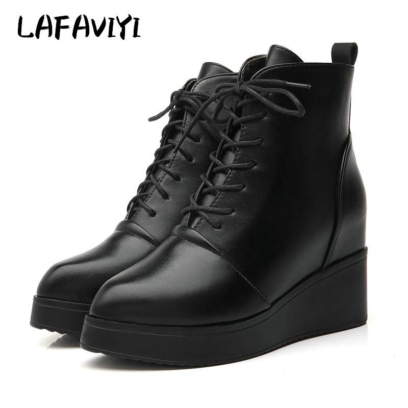 

Boots 2021 Fashion Ankle Winter Pointed Toe Quality Leather Platform Lace-up Spring Autumn Ladies Size 34-40, Elastic