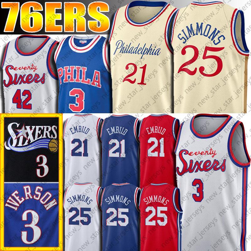 

Ben 25 Simmons Jersey Philadelphia 76ers Jersey Joel 21 Embiid Jerseys Allen 3 Iverson Basketball Jersey Basketball Uniform 651dv, Black;red