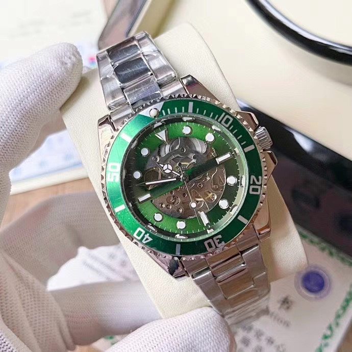 

Fashion Men Watches Top brand Skeleton mechanical automatic wristwatches Movement 41mm dial Full Stainless Steel band watch for mens gift, Slivery;brown