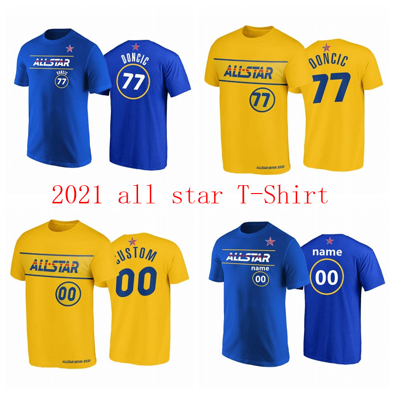 

2021 All-Star Luka Kristaps Porzingis Doncic T-Shirt Blue Gold Western Conference Dallas Mavericks Men Basketball Uniform, White;black