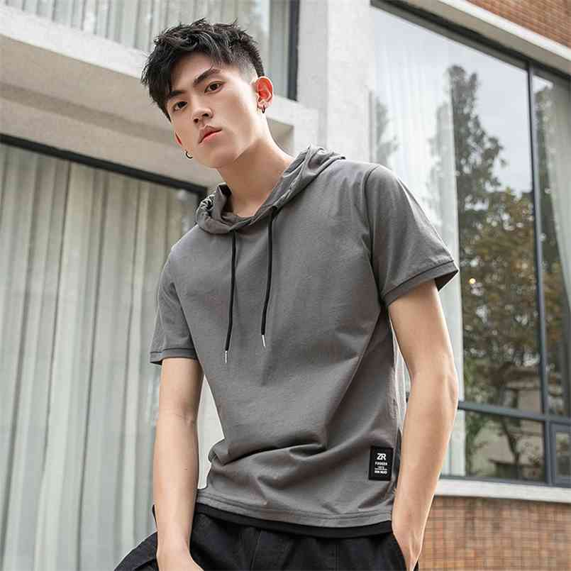 

BROWON False Two Short Sleeve T-shirt Men's Hoods Casual Loose Summer Solid Color Stitching Cotton Top Tee 210721, Gray