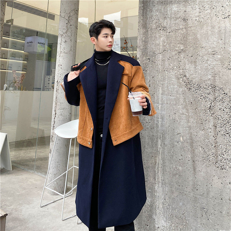 

2021 New Winter Cotton Thicken Wool Men's Fashion Oversize Fake Two-piece Men Long Woolen Coat Mens Overcoat Bp15, As shown in figure