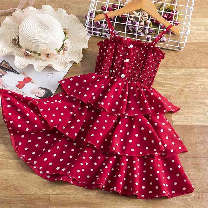 

3-8 years summer for girl dresses girls flower polka dot sling cake fluffy wedding party princess bridesmaid formal gown, Red;yellow