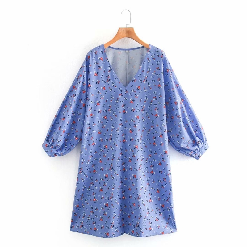 

Women Loose Plus Sleeve Floral Dress Puff Knee Length V neck Printed Fashion Party Straight NX9896 210525, Blue