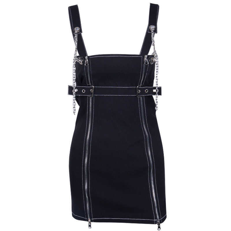 

Off Shoulder Punk Metal Chain Denim Strap Dres Streetwear Spring Zipper Split Belt Sleeve Sexy Mini high quality 210601, Black