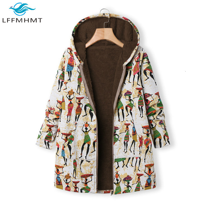 

2021 New Women Spring Fashion Cartoon Folk Style Vintage Print Thick Coat Lady Casual Large Fleece Warm Hooded Cotton Padded Jacket Plhc, Black