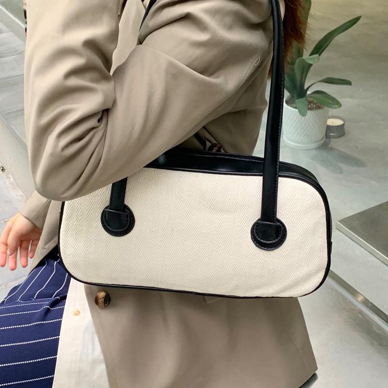 

Evening Bags Top Handle Bag 2021 Women's Brand Canvas Pu Leather Underarm Contrast Color Ladies Handbag Small Female Shoulder Pillow, Black