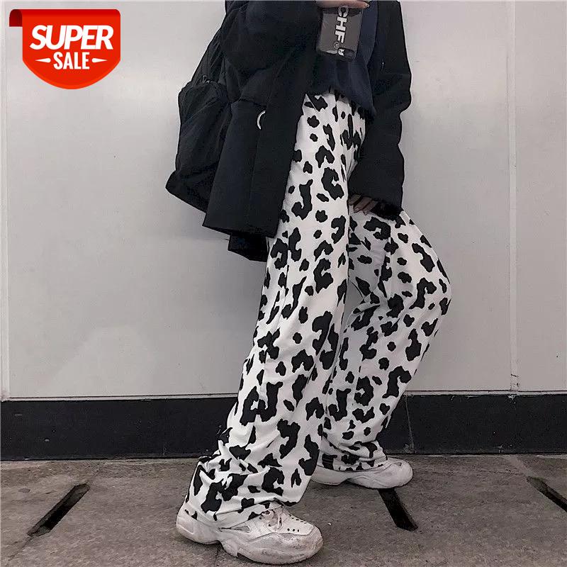 

NiceMix high waist pants women cow print sweatpants womans wide leg straight plus size casual streetwear trousers Ankle-Length #yp9P, Black;white