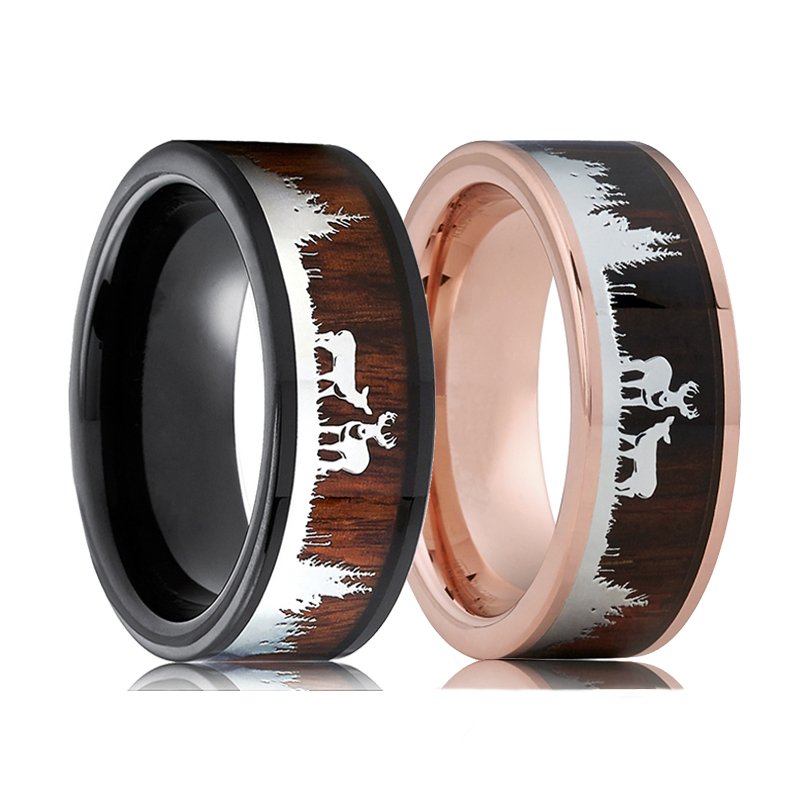 

8MM Black Stainless Steel Ring For Men Women Koa Koa Wood Inlay Deer Stag Hunting Silhouette Ring Wedding Band Jewelry Fo Man