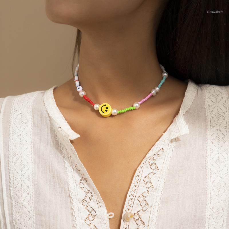 

Chains AOMU 2021 Fashion Summer Beach Acrylic Letter Colorful Beaded Geometric Round Necklace For Women Girls Party Jewelry Gifts