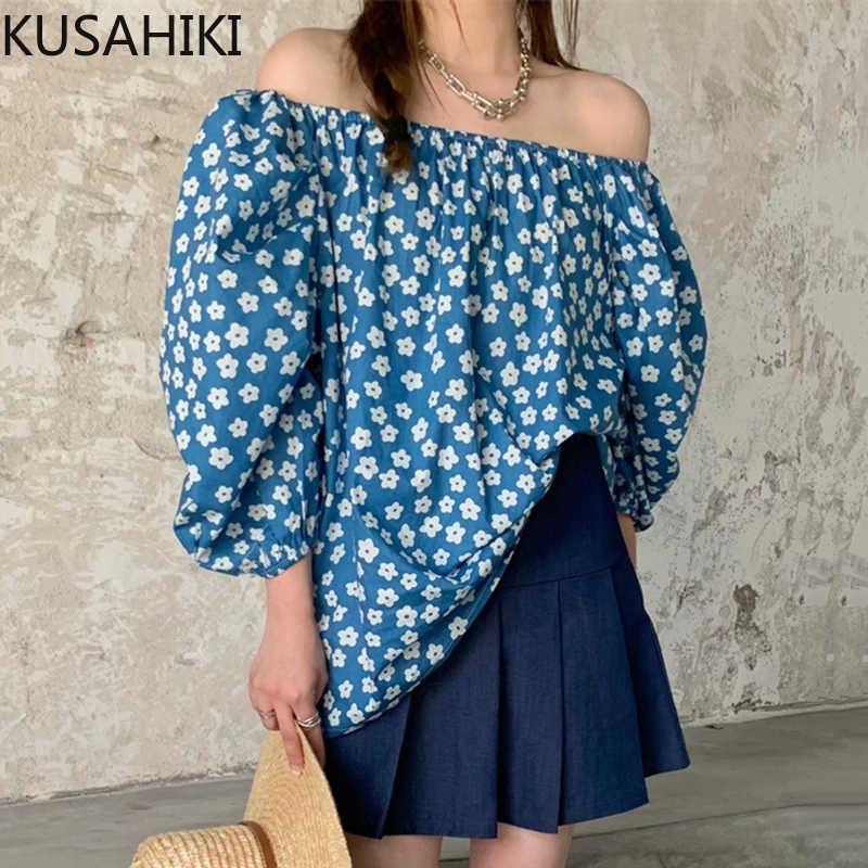 

KUSAHIKI Womens Tops Floral Off Shoulder Puff Sleeve Blouse Shirt Summer Korean Elegant Blusas Mujer De Moda 6J491 210602, Blue